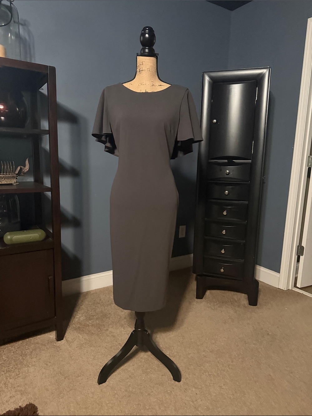 Calvin Klein Charcoal Gray Flutter Sleeve Midi Dress